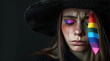 Close-up portrait sad young girl with tears in form rainbow in black hat with a rainbow heart on a black background, representing the LGBTQ community. Pride flag color