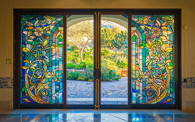 Double glass doors featuring intricate stained glass designs with vibrant colors, leading to a luxurious garden view. The craftsmanship adds a touch of sophistication to the setting.
