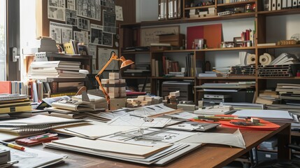 desk is covered with sketches, models, and reference books, a testament to their creative process