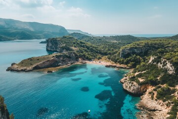 Obraz premium Aerial view of a stunning coastal landscape with clear blue water and rocky cliffs.