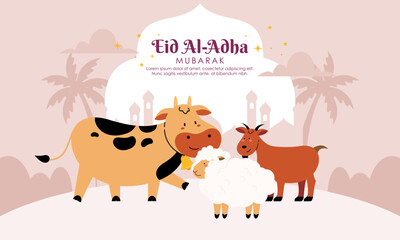 Happy Holy Eid Al Adha Mubarak Cute Banner Cartoon Doodle Illustration