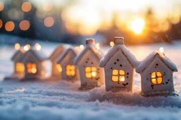 Snowy Candle Lit Houses at Sunset