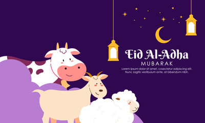 Happy Holy Eid Al Adha Mubarak Cute Banner Cartoon Doodle Illustration