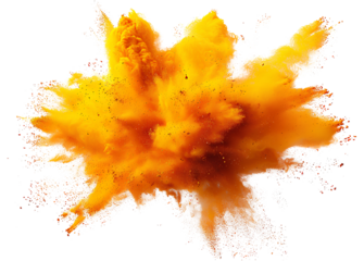 bright yellow orange holi paint color powder festival explosion burst isolated white background. industrial print concept background
