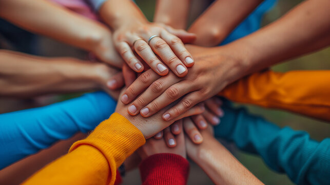 Teamwork, hands and above friends outdoor for partnership, collaboration and goal motivation. Team building, top view and person with fingers in support of mission, strategy and community with trust