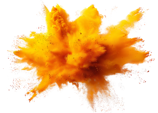 bright yellow orange holi paint color powder festival explosion burst isolated white background. industrial print concept background