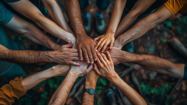 Group of multiracial people joining hands together
