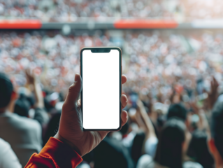 Hand Holding Smartphone Mockup in Front of Vibrant Stadium Crowd During Evening Sports Event, Transparent PNG
