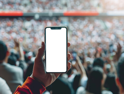 Hand Holding Smartphone Mockup in Front of Vibrant Stadium Crowd During Evening Sports Event, Transparent PNG
