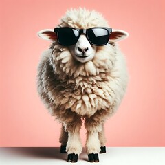 a sheep wearing sunglasses against a pink background