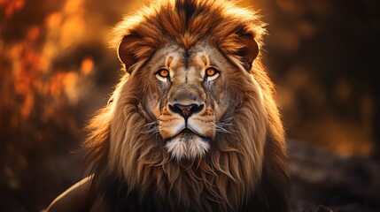 Majestic lion with a full mane gazes powerfully ahead in a warm, illuminated background. Symbolic of strength, courage, and nobility.