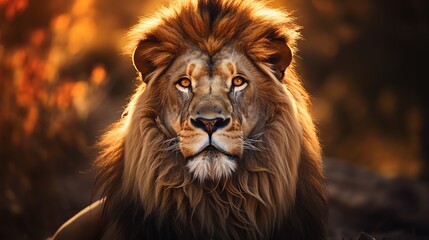 Fototapeta premium Majestic lion with a full mane gazes powerfully ahead in a warm, illuminated background. Symbolic of strength, courage, and nobility.