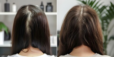 Fototapeta premium Before and after images of a woman receiving hair loss treatment. Concept Hair Growth Transformation, Before and After Photos, Beauty Makeover, Female Hair Loss, Hair Restoration