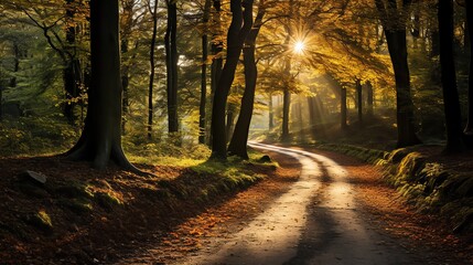 A serene forest path bathed in golden sunlight during autumn, with a tranquil atmosphere and lush trees creating a picturesque scene.