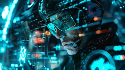 Depict a skilled cyberpunk hacker in a futuristic setting, surrounded by holographic interfaces, intricate code, and virtual reality elements