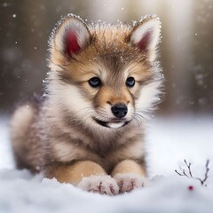 Obraz premium A young dog with a fluffy coat lying in the snow, its fur adorned with snowflakes