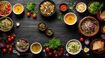 Background food and dishes. Salads, snacks and soups On a black wooden background. Top view. Free space for your text.