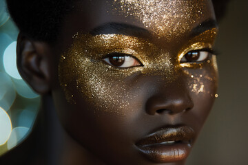 Close up of African Woman Model with golden glitter make up looking at camera. Vogue Style. Woman Beauty Style. Selective Focus. 