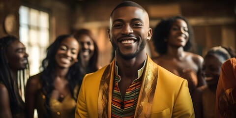 African American student happily celebrating high school graduation with friends. Concept Graduation Photoshoot, Class of 2023, African American Students, Joyful Celebrations, High School Friends
