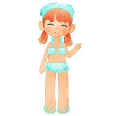 Little Girl in Swimsuit, Summer Illustration, Summertime Clipart Hand Drawn