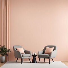 Peach fuzz trend color for 2024 in the premium living room with a painted mockup wall for art in peach pastel apricot warm tones, modern interior lounge design, accent premium gray chairs, 3D render

