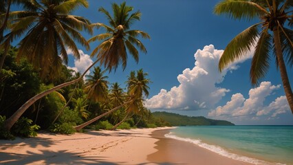 Tranquil tropical beach with swaying palm trees, gentle waves, and clear blue skies, offering a paradise-like escape for relaxation and rejuvenation.