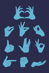 Fototapeta premium Set of hands gestures on a blue background. Making heart, OK sign, thumb up, measuring gesture, cupped hand, fist. Vector illustration