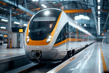 Fototapeta premium Sleek Modern White and Orange Train in Station
