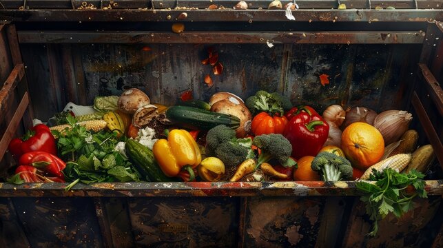 Food in perfect state in a dumpster, representing food waste, generative ia