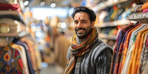 Fototapeta premium Indian man shopping in traditional clothing store with bokeh background. Concept Indian Fashion, Traditional Clothing, Shopping Spree, Bokeh Background, Cultural Experience