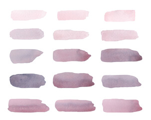A set of watercolor spots, brushstrokes in pink, lilac, gray pastel shades isolated on a white background. Decorative blank elements for decoration, design, markings with space for text.