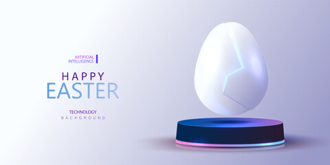 Easter egg on podium in technology style background. Future holiday digital card vector. Science new life ai concept. Vector Illustration.