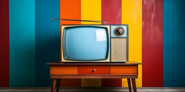 Vintage TV displaying a vibrant test pattern against a blue backdrop. Concept Retro Technology, TV Display, Test Pattern, Vibrant Colors, Vintage Aesthetics