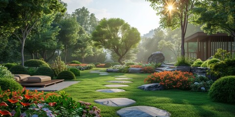 A beautiful garden with a stone path, a pavilion, and a bench