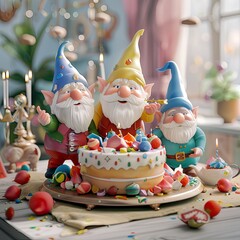 Obraz premium Children's party with funny 3D cartoon gnomes. Illustration for advertising children's parties, confectionery, holiday baking, dessert and holiday events