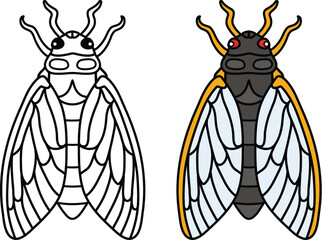 Cicada Insect Vector Clipart - Outline and Color