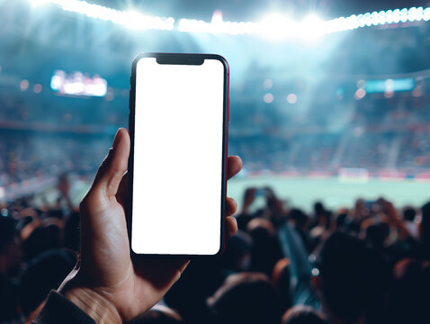 Hand Holding Smartphone Mockup in Front of Vibrant Stadium Crowd During Evening Sports Event, Transparent PNG