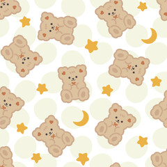 Cute brown teddy bears on a hand drawn yellow dots texture background with orange stars and moon, kids seamless pattern background for boy and girl. Wrapping paper design, fabric and textile print