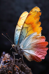 Close-up of colorful butterfly in its natural environment on dark background.