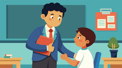 A tiny hand clasped tightly in their teachers a student receiving a reassuring squeeze before being introduced to the rest of the class.. Vector illustration