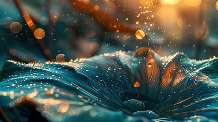 Close-up of a dewy leaf illuminated by golden sunlight, creating a magical, ethereal atmosphere with assorted bokeh lights and water droplets.