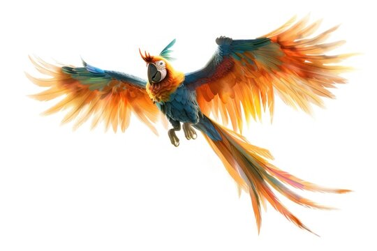 A colorful parrot with a long tail is flying in the air