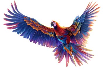 Obraz premium A colorful parrot with a red beak flies through the air. Concept of freedom and joy