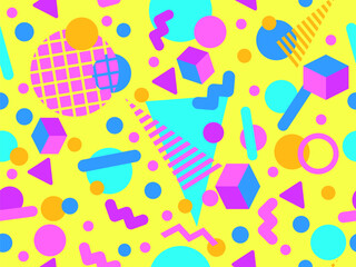 3D geometric seamless pattern in 80s style. 3d isometric triangles, zig zags and circles. Geometric memphis style. Design for promotional products, wrapping paper and printing. Vector illustration