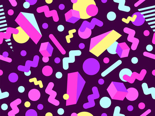 3D geometric seamless pattern in 80s style. 3d isometric triangles, zig zags and circles. Geometric memphis style. Design for promotional products, wrapping paper and printing. Vector illustration