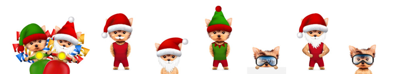 Funny Dog Santa wearing hat, beard and moustache with Elf. Christmas concept