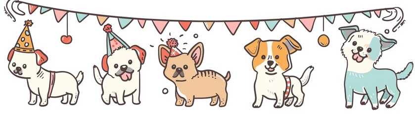 Cute cartoon illustration with five different dog breeds celebrating a party with decorative bunting in the background.