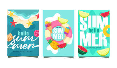 hello summer poster  vector illustration, set of summer poster with summer element background
