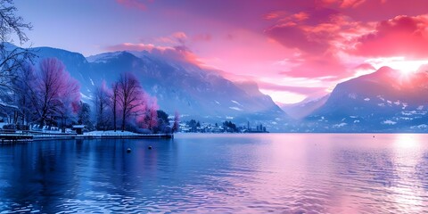 Winter Sunset Beauty at Lake Annecy in Haute-Savoie, France, Embraced by Snowy French Alps. Concept Lake Annecy, Haute-Savoie, France, Winter Sunset Beauty, Snowy French Alps, Outdoor Photography