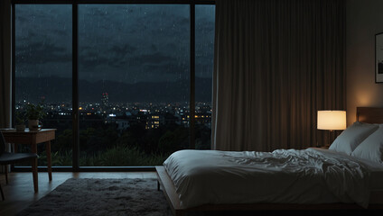 A bedroom with window and rain at night.